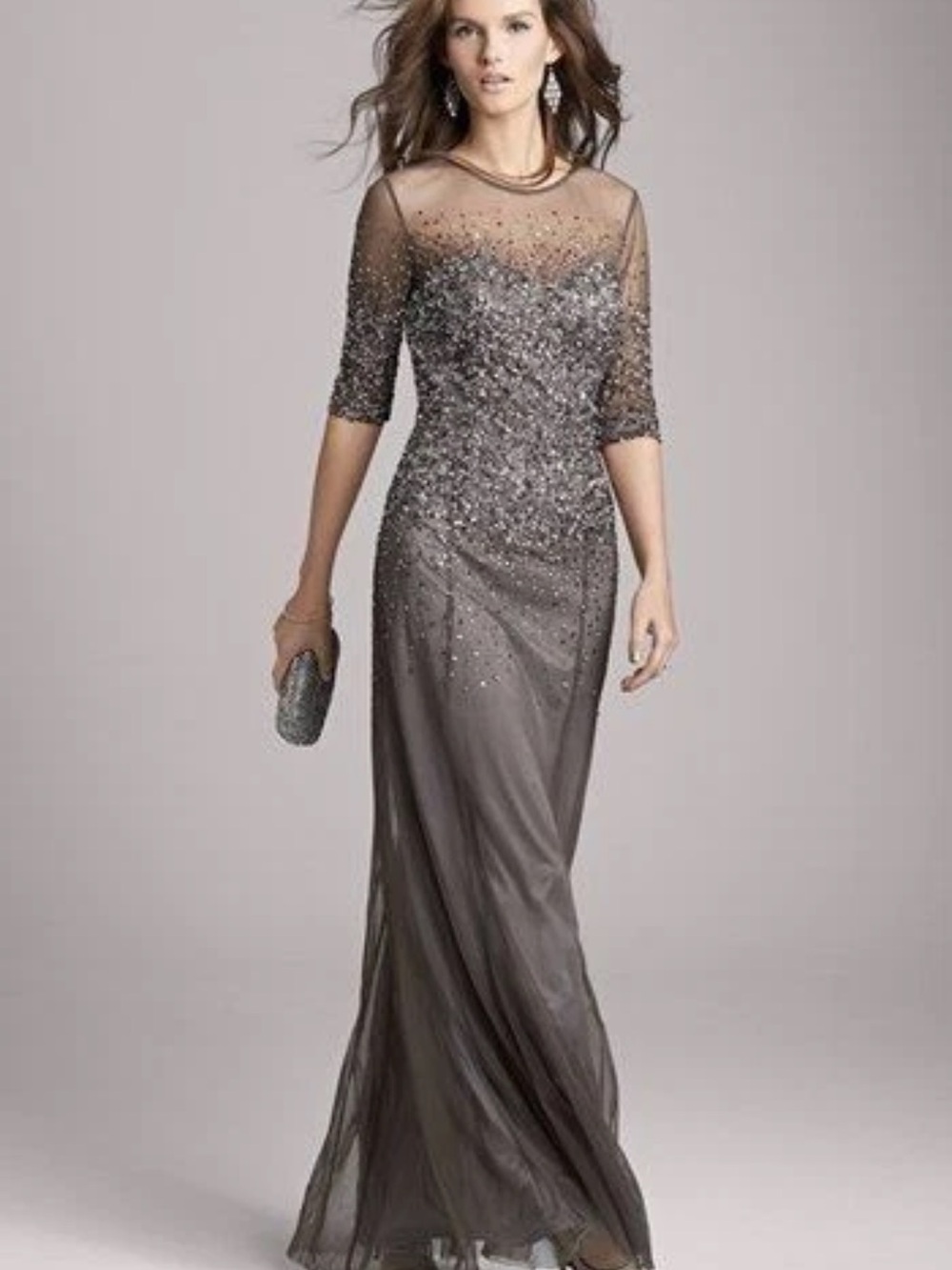 Adrianna Papell Taupe Sequin Mesh Maxi Dress Wedding guest 14